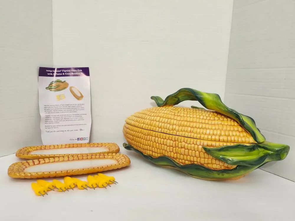 Temp-tations Figural Corn Cob Serving Set Bowl Plates Skewers
